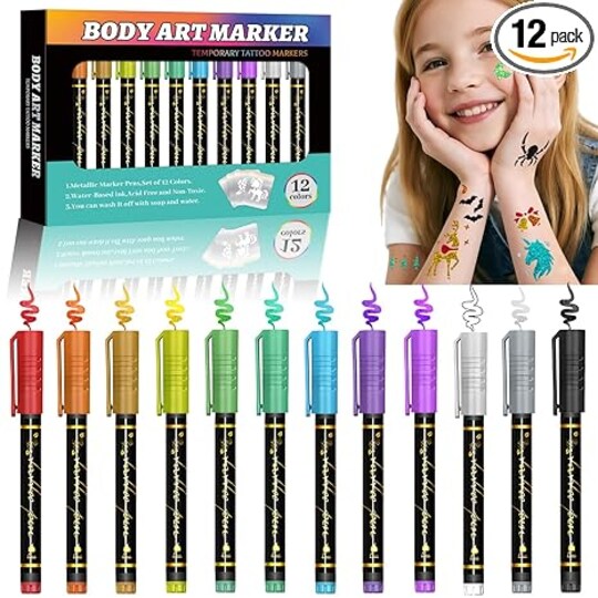 Citrus; 12 Pack Metallic Temporary Tattoo Markers for Skin, Non-Toxic Body Art Pens with Brush Tip, DIY Face & Body Painting Kit for Kids & Adults, Halloween & Party Tattoo Supplies; Category:Temporary Tattoos; Image:1